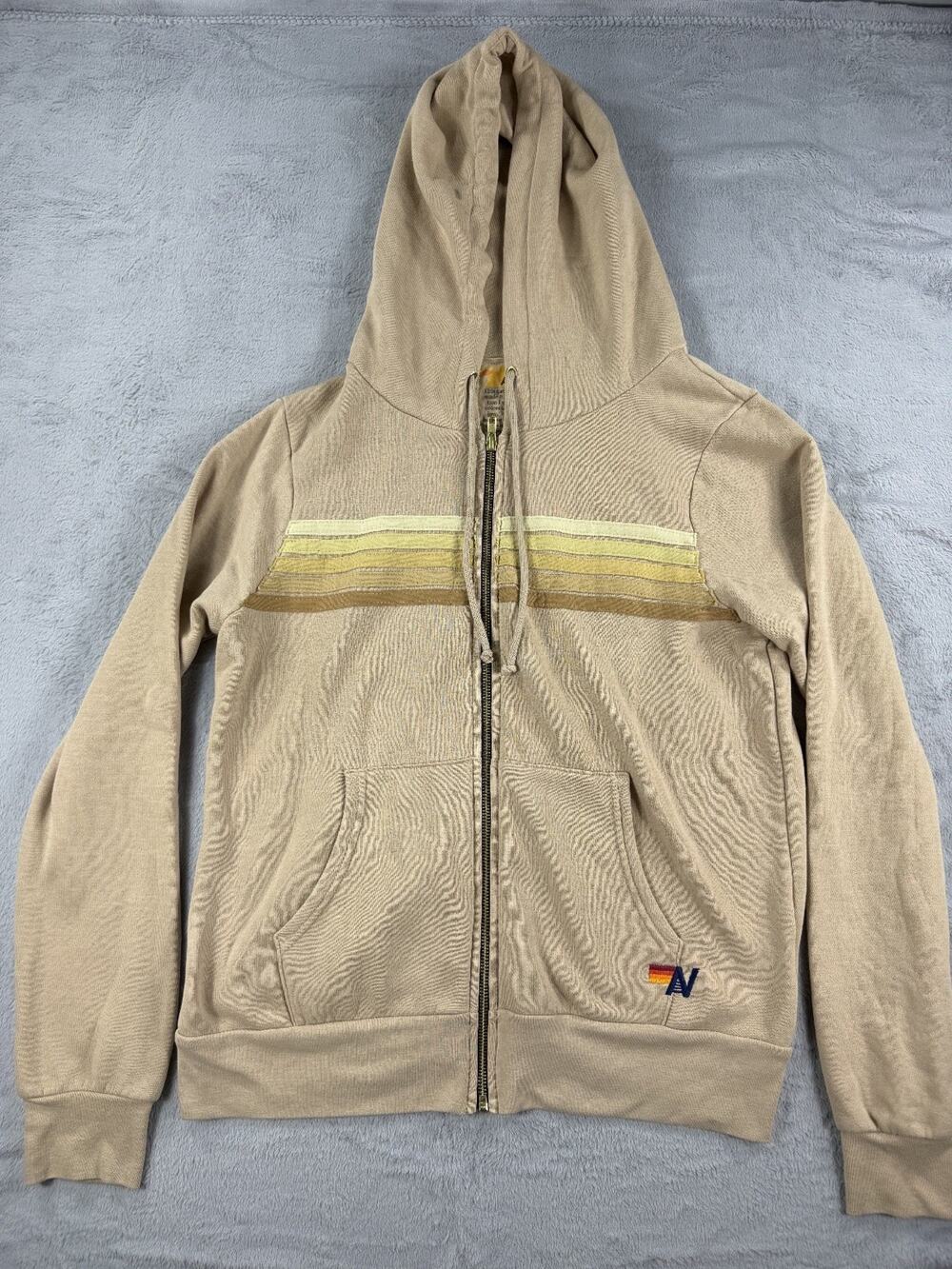 Aviator Nation Womens Medium Full Zip Hoodie Fleece Tan Striped Casual